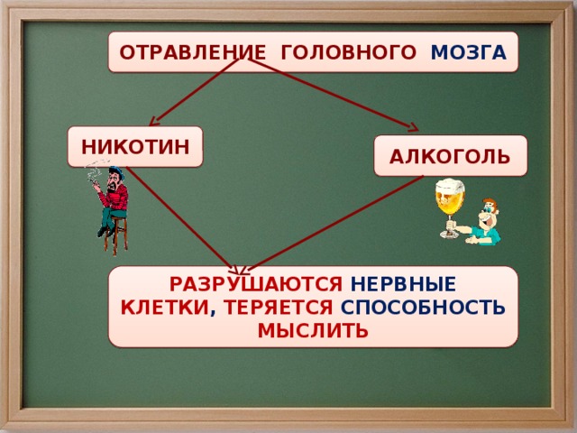 ОТРАВЛЕНИЕ ГОЛОВНОГО МОЗГА НИКОТИН АЛКОГОЛЬ РАЗРУШАЮТСЯ НЕРВНЫЕ КЛЕТКИ , ТЕРЯЕТСЯ СПОСОБНОСТЬ МЫСЛИТЬ