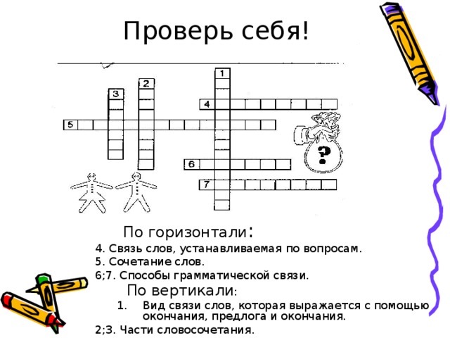 Проверь себя!  По горизонтали : 4. Связь слов, устанавливаемая по вопросам. 5. Сочетание слов. 6;7. Способы грамматической связи.  По вертикали : Вид связи слов, которая выражается с помощью окончания, предлога и окончания. Вид связи слов, которая выражается с помощью окончания, предлога и окончания. 2;3. Части словосочетания.