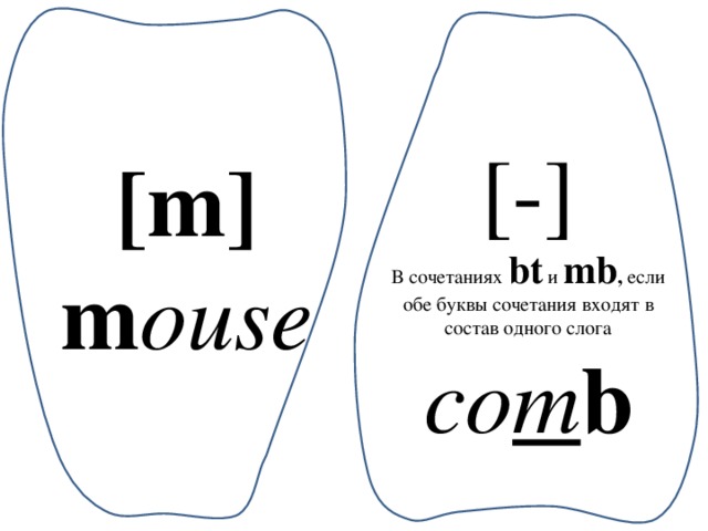 [-] В сочетаниях  bt  и  mb ,  если обе буквы сочетания входят в состав одного слога co m b [m] m ouse