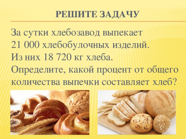 Решите задачу За сутки хлебозавод выпекает 21 000 хлебобулочных изделий. Из них 18 720 кг хлеба. Определите, какой процент от общего количества выпечки составляет хлеб?  