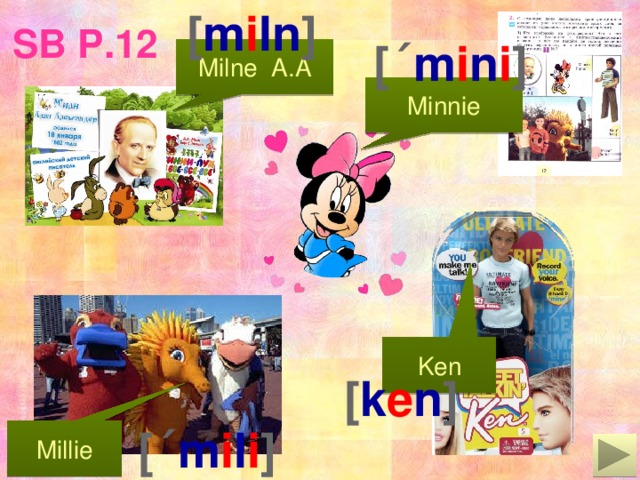 [ m i ln ] SB p.12   [ˊ m i n i ] Milne A.A Minnie Ken  [ k e n ]  [ˊ m i l i ] Millie