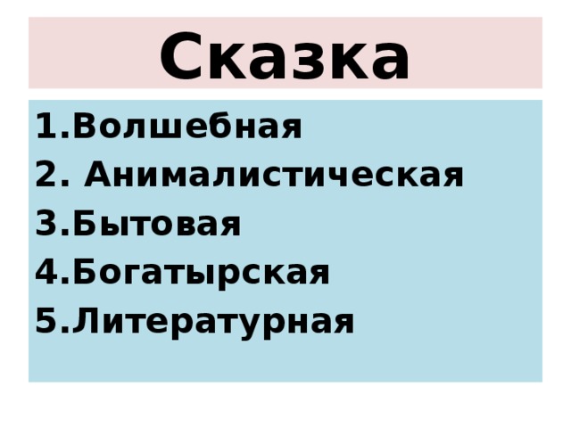 Сказка 1.Волшебная 2. Анималистическая 3.Бытовая 4.Богатырская 5.Литературная