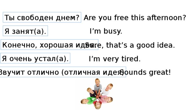 Ты свободен днем? Are you free this afternoon? I’m busy. Я занят(а). Конечно, хорошая идея. Sure, that’s a good idea. Я очень устал(а). I’m very tired. Звучит отлично (отличная идея) Sounds great!