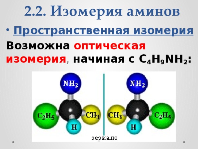 2.2. Изомерия аминов Пространственная изомерия Возможна   оптическая изомерия , начиная с С 4 H 9 NH 2 :