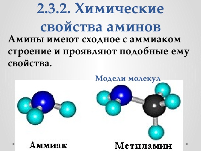 2.3.2. Химические свойства аминов Амины имеют сходное с аммиаком строение и проявляют подобные ему свойства.  Модели молекул