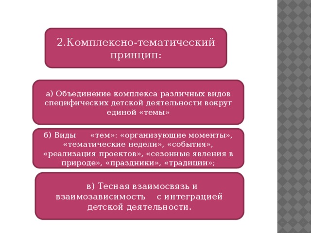 2.Комплексно-тематический принцип: а) Объединение комплекса различных видов специфических детской деятельности вокруг единой «темы» б) Виды  «тем»: «организующие моменты», «тематические недели», «события», «реализация проектов», «сезонные явления в природе», «праздники», «традиции»;  в) Тесная взаимосвязь и взаимозависимость с интеграцией детской деятельности.