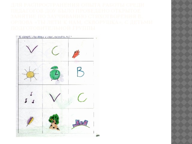 Для распространения опыта работы среди педагогов ДОУ было проведено открытое занятие по заучиванию стихотворения В. Орлова «Ты лети к нам, скворушка», с детьми подготовительной группы