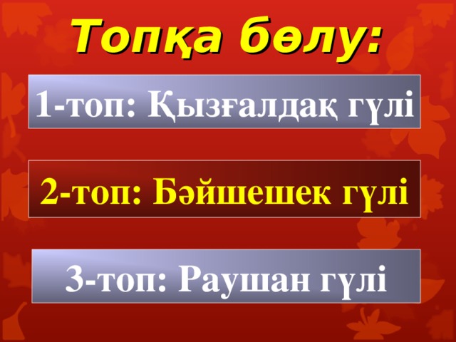 Топқа бөлу: 1-топ: Қызғалдақ гүлі 2-топ: Бәйшешек гүлі 3-топ: Раушан гүлі