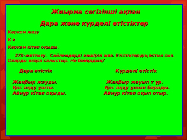 Жиырма сегізінші ақпан Дара және күрделі етістіктер Көркем жазу К к Көркем кітап оқыды.   375-жаттығу. Сөйлемдерді көшіріп жаз. Етістіктердің астын сыз. Оларды өзара салыстыр. Не байқадың?   Дара етістік Күрделі етістік   Жаңбыр жауды. Жаңбыр жауып т ұр.  Қос аққу ұшты. Қос аққу ұшып барады.  Айнұр кітап оқыды. Айнұр кітап оқып отыр.       7