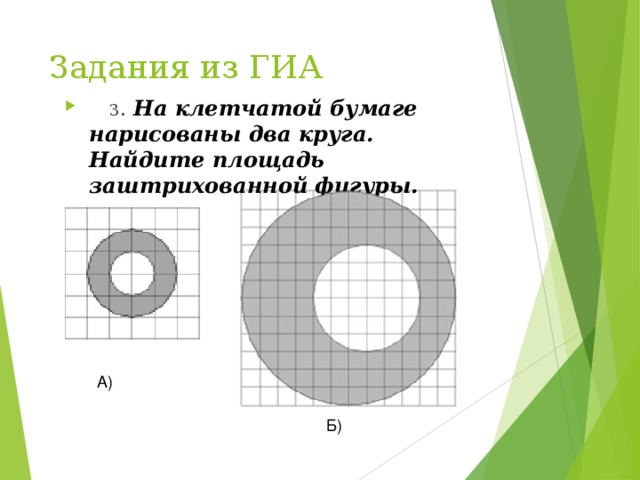 Задания из ГИА  3 . На клетчатой бумаге нарисованы два круга. Найдите площадь заштрихованной фигуры. А) Б)
