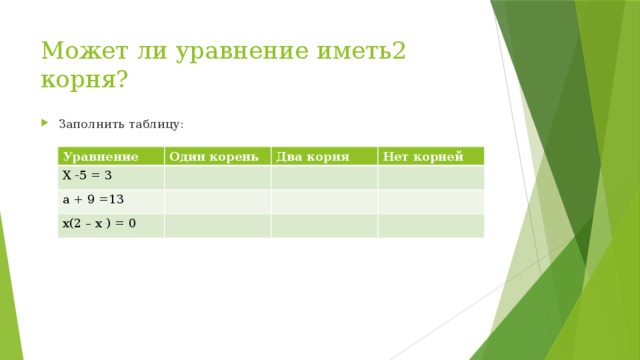 Может ли уравнение иметь2 корня? Заполнить таблицу: Уравнение Один корень X -5 = 3 Два корня a + 9 =13 Нет корней x(2 – x ) = 0