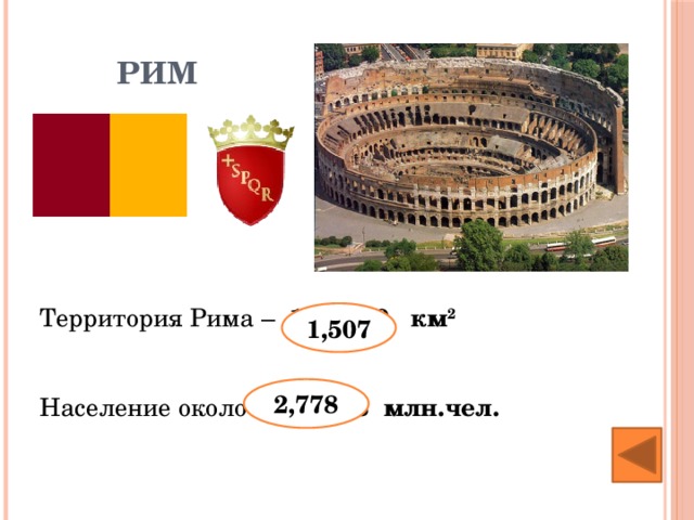 Рим Территория Рима – 13,563:9 км 2  Население около 36,114:13  млн.чел. 1,507 2,778