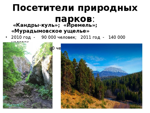 Посетители природных парков :  «Кандры-куль»; «Иремель»; «Мурадымовское ущелье»