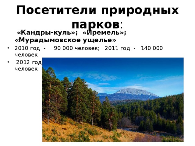 Посетители природных парков :  «Кандры-куль»; «Иремель»; «Мурадымовское ущелье»