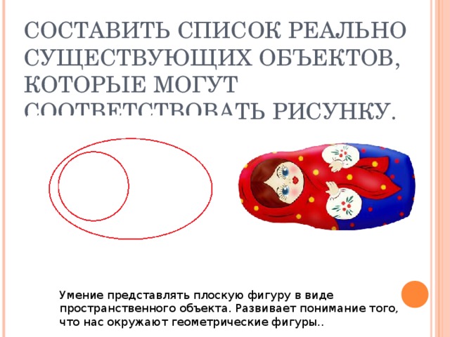 СОСТАВИТЬ СПИСОК РЕАЛЬНО СУЩЕСТВУЮЩИХ ОБЪЕКТОВ, КОТОРЫЕ МОГУТ СООТВЕТСТВОВАТЬ РИСУНКУ. Умение представлять плоскую фигуру в виде пространственного объекта. Развивает понимание того, что нас окружают геометрические фигуры..