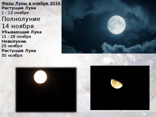 Фазы Луны в ноябре 2016 года Растущая Луна 1 - 13 ноября Полнолуние 14 ноября Убывающая Луна 15 - 28 ноября Новолуние 29 ноября Растущая Луна 30 ноября