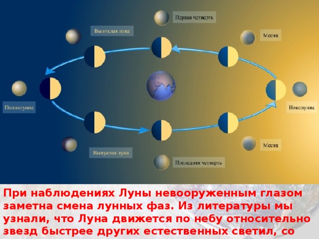 При наблюдениях Луны невооруженным глазом заметна смена лунных фаз. Из литературы мы узнали, что Луна движется по небу относительно звезд быстрее других естественных светил, со скоростью 13° в сутки. Для сравнения, Солнце за сутки перемещается лишь на 1°.