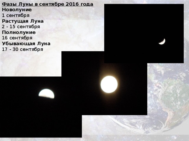 Фазы Луны в сентябре 2016 года Новолуние 1 сентября Растущая Луна 2 - 15 сентября Полнолуние 16 сентября Убывающая Луна 17 - 30 сентября