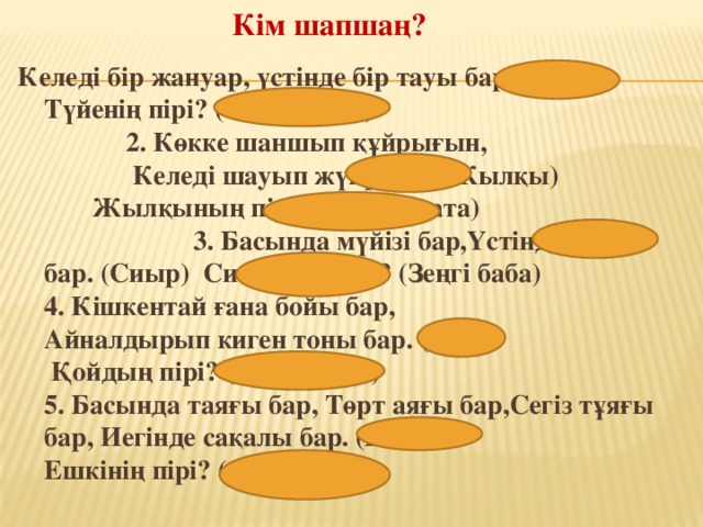 Кім шапшаң? Келеді бір жануар, үстінде бір тауы бар. (Түйе) Түйенің пірі? (Ойсылқара) 2. Көкке шаншып құйрығын, Келеді шауып жүйрігім. (Жылқы) Жылқының пірі? (Қамбар ата) 3. Басында мүйізі бар,Үстінде киізі бар. (Сиыр) Сиырдың пірі? (Зеңгі баба)  4. Кішкентай ғана бойы бар, Айналдырып киген тоны бар. (Қой) Қойдың пірі? (Шопан ата)  5. Басында таяғы бар, Төрт аяғы бар,Сегіз тұяғы бар, Иегінде сақалы бар. (Ешкі) Ешкінің пірі? (Сексек ата)