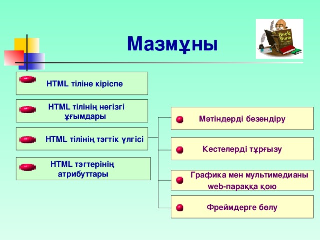 Мазмұны  HTML тіліне кіріспе  HTML тілінің негізгі  ұғымдары Мәтіндерді безендіру  HTML тілінің тэгтік үлгісі Кестелерді тұрғызу HTML тэгтерінің атрибуттары  Графика мен мультимедианы web -параққа қою Фреймдерге бөлу