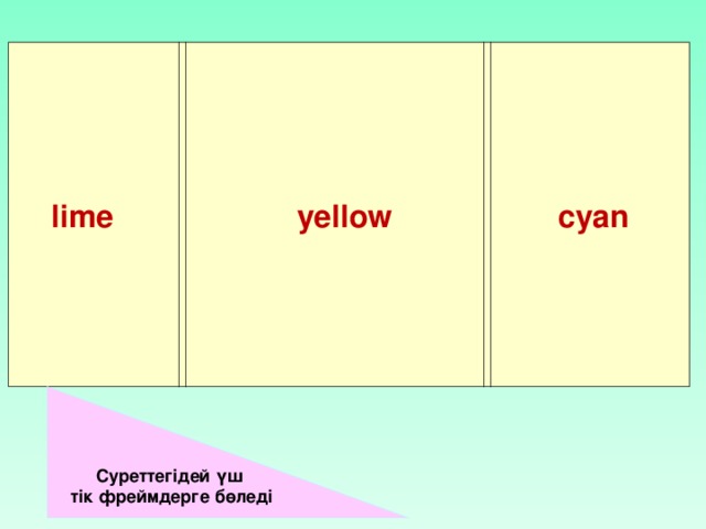 lime    yellow    cyan C уреттегідей үш  тік фреймдерге бөледі