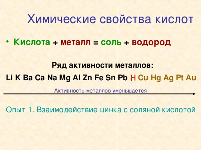 Химические свойства кислот Кислота +  металл  = соль +  водород  Ряд активности металлов: Li K Ba Ca Na Mg Al Zn Fe Sn Pb H  Cu  Hg Ag Pt Au Активность металлов уменьшается Опыт 1. Взаимодействие цинка с соляной кислотой