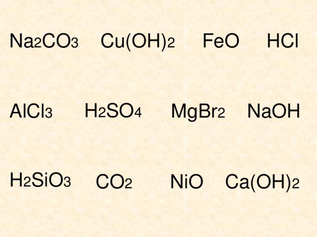 Na 2 CO 3 Cu(OH) 2 FeO AlCl 3 MgBr 2 NaOH  CO 2 NiO Ca(OH) 2  HCl H 2 SO 4 H 2 SiO 3