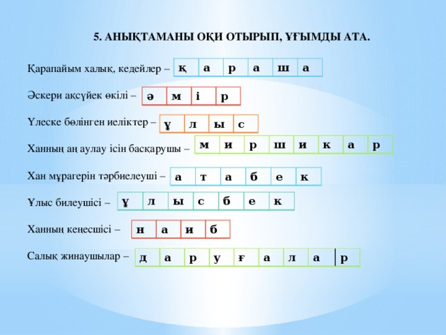 5. Анықтаманы оқи отырып, ұғымды ата. Қарапайым халық, кедейлер – Әскери ақсүйек өкілі – Үлеске бөлінген иеліктер – Ханның аң аулау ісін басқарушы – Хан мұрагерін тәрбиелеуші – қ а Ұлыс билеушісі – р а Ханның кеңесшісі – ш а Салық жинаушылар – ә м і р ұ л ы с м и р ш и к а р а т а б е к ұ л ы с б е к н а и б д а р у ғ а л а р