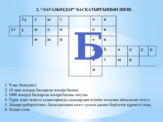 2. “Лауазымдар” басқатырғышын шеш. 2т 1ұ л ұ м ы с е м н ы е ң к е к е к а һ а а и т ы д р ұ р Б 1. Ұлыс билеушісі. 2. 10 мың әскерді басқарған әскери басшы. 3. 1000 әскерді басқарған әскери басшы титулы. 4. Түрік және моңғол халықтарында адамдардың есіміне қосылып айтылатын титул. 5. Әскери шеберлігімен, батылдығымен көзге түскен адамға берілетін құрметті атақ. 6. Халық соты.