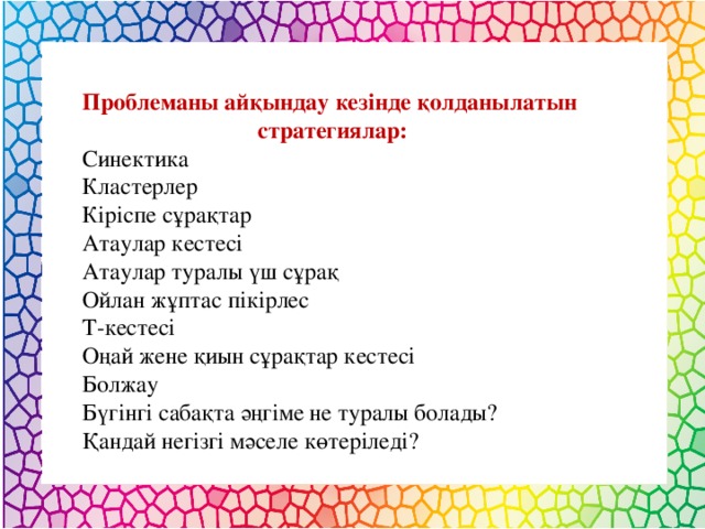 Проблеманы айқындау кезінде қолданылатын  стратегиялар: Синектика Кластерлер Кіріспе сұрақтар Атаулар кестесі Атаулар туралы үш сұрақ Ойлан жұптас пікірлес Т-кестесі Оңай жене қиын сұрақтар кестесі Болжау Бүгінгі сабақта әңгіме не туралы болады? Қандай негізгі мәселе көтеріледі?