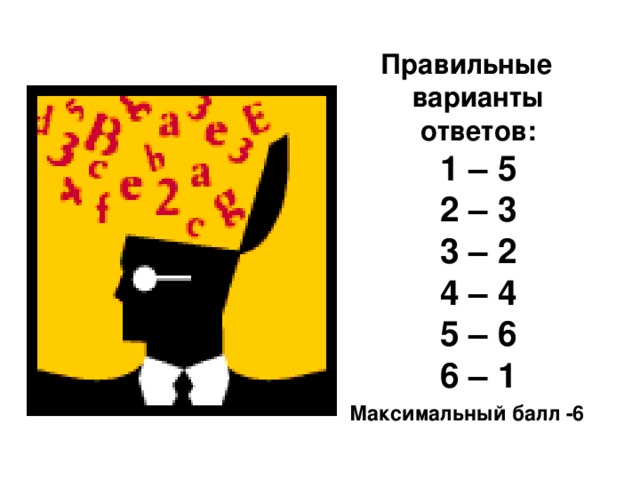 Правильные варианты ответов:  1 – 5  2 – 3  3 – 2  4 – 4  5 – 6  6 – 1 Максимальный балл -6