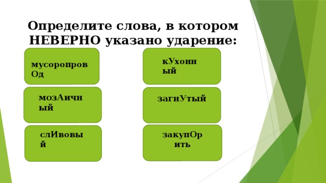 Определите слова, в котором НЕВЕРНО указано ударение: кУхонный мусоропровОд мозАичный загнУтый слИвовый закупОрить