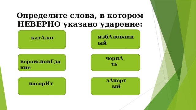 Определите слова, в котором НЕВЕРНО указано ударение:  избАлованный катАлог черпАть вероисповЕдание зАпертый насорИт