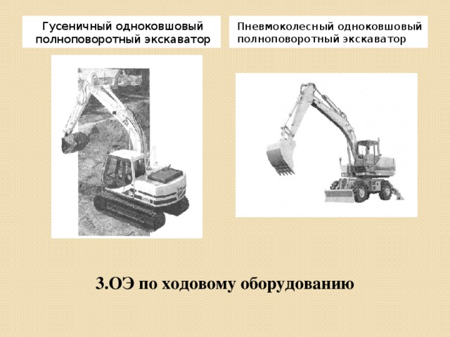 Пневмоколесный одноковшовый полноповоротный экскаватор Гусеничный одноковшовый полноповоротный экскаватор 3.ОЭ по ходовому оборудованию