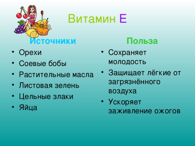 Витамин  Е Источники Польза Орехи Соевые бобы Растительные масла Листовая зелень Цельные злаки Яйца Сохраняет молодость Защищает лёгкие от загрязнённого воздуха Ускоряет заживление ожогов