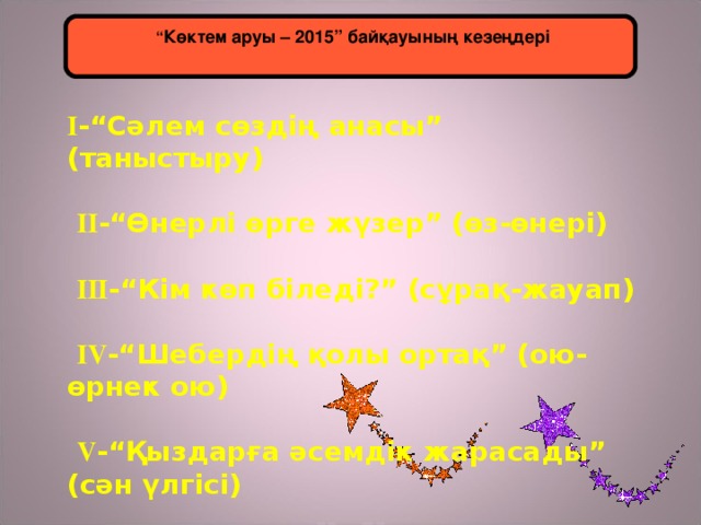 “ Көктем аруы – 2015 ” байқауының кезеңдері  I - “Сәлем сөздің анасы” ( таныстыру )   II - “Өнерлі өрге жүзер” ( өз - өнері )   III - “Кім көп біледі?” ( сұрақ - жауап )   IV - “Шебердің қолы ортақ” ( ою - өрнек ою )   V - “Қыздарға әсемдік жарасады” ( сән үлгісі )