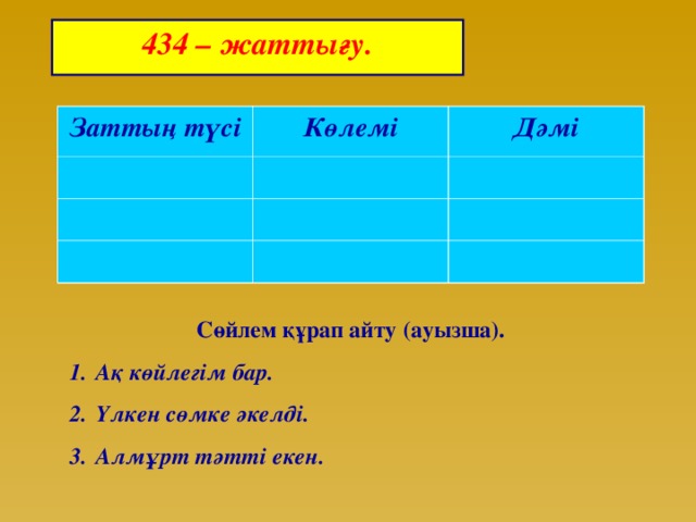 434 – жаттығу. Заттың түсі Көлемі Дәмі Сөйлем құрап айту (ауызша).