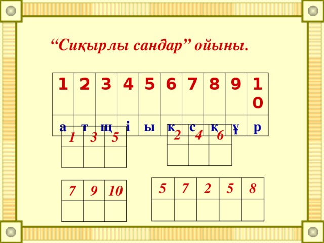 “ Сиқырлы сандар” ойыны.  1 2 а т 3 4 щ і 5 6 ы к 7 с 8 қ 9 10 ұ р 2 4 6 1 3 5 5 7 2 5 8 7 9 10