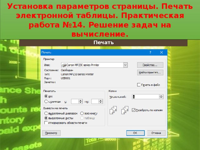 Установка параметров страницы. Печать электронной таблицы. Практическая работа №14. Решение задач на вычисление. Установка параметров страницы. Печать электронной таблицы. Практическая работа №14. Решение задач на вычисление. Печать