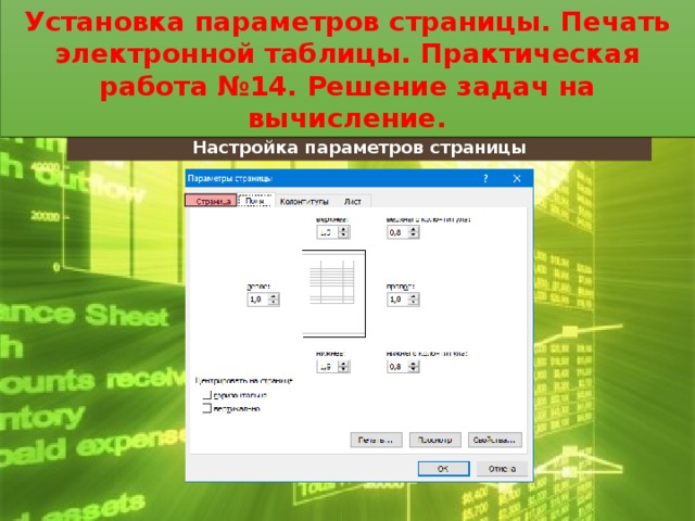 Установка параметров страницы. Печать электронной таблицы. Практическая работа №14. Решение задач на вычисление. Установка параметров страницы. Печать электронной таблицы. Практическая работа №14. Решение задач на вычисление. Настройка параметров страницы