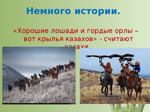 Немного истории. «Хорошие лошади и гордые орлы – вот крылья казахов» - считают казахи.