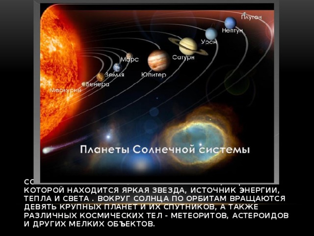 Солнечная система - это система планет, в центре которой находится яркая звезда, источник энергии, тепла и света . вокруг солнца по орбитам вращаются девять крупных планет и их спутников, а также различных космических тел - метеоритов, астероидов и других мелких объектов.