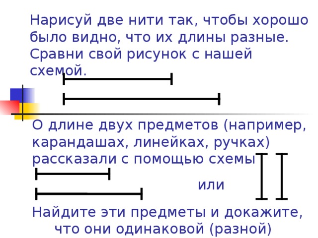 Нарисуй две нити так, чтобы хорошо было видно, что их длины разные. Сравни свой рисунок с нашей схемой. О длине двух предметов (например, карандашах, линейках, ручках) рассказали с помощью схемы или Найдите эти предметы и докажите, что они одинаковой (разной) длины.