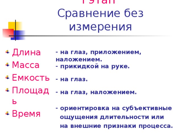 I этап   Сравнение без измерения Длина Масса Емкость Площадь Время - на глаз, приложением, наложением. - прикидкой на руке. - на глаз. - на глаз, наложением. - ориентировка на субъективные  ощущения длительности или  на внешние признаки процесса.