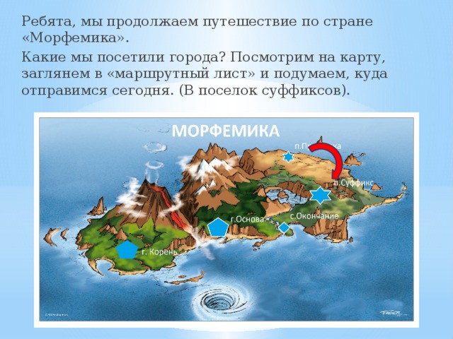 Ребята, мы продолжаем путешествие по стране «Морфемика». Какие мы посетили города? Посмотрим на карту, заглянем в «маршрутный лист» и подумаем, куда отправимся сегодня. (В поселок суффиксов).