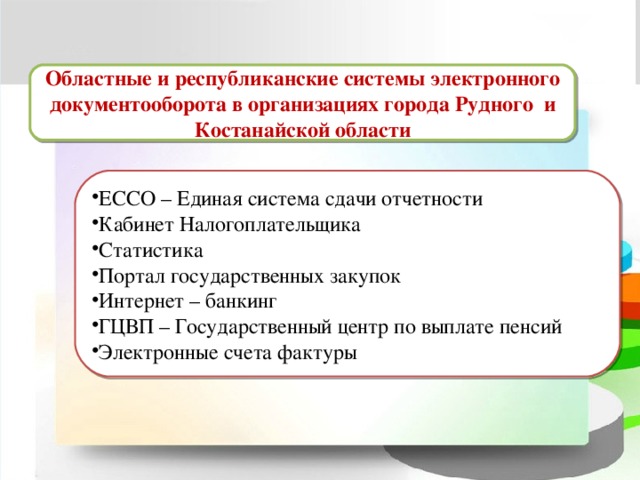 Областные и республиканские системы электронного документооборота в организациях города Рудного и Костанайской области