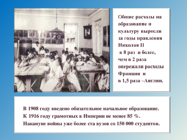 В 1908 году введено обязательное начальное образование. К 1916 году грамотных в Империи не менее 85 %. Накануне войны уже более ста вузов со 150 000 студентов. 15 15