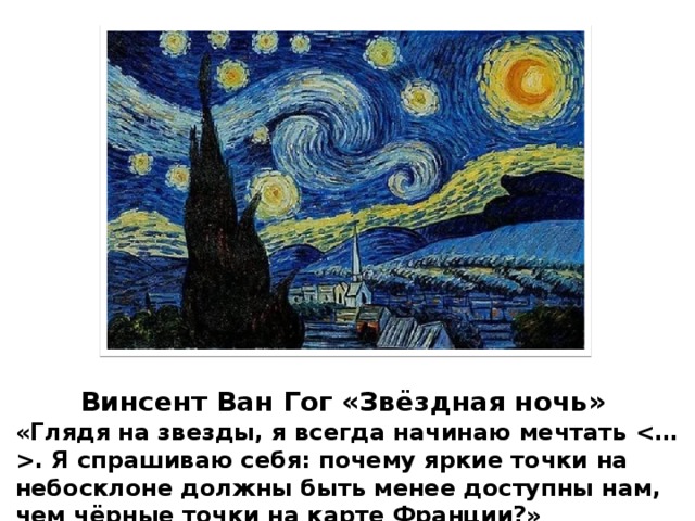 Винсент Ван Гог «Звёздная ночь» «Глядя на звезды, я всегда начинаю мечтать . Я спрашиваю себя: почему яркие точки на небосклоне должны быть менее доступны нам, чем чёрные точки на карте Франции?»