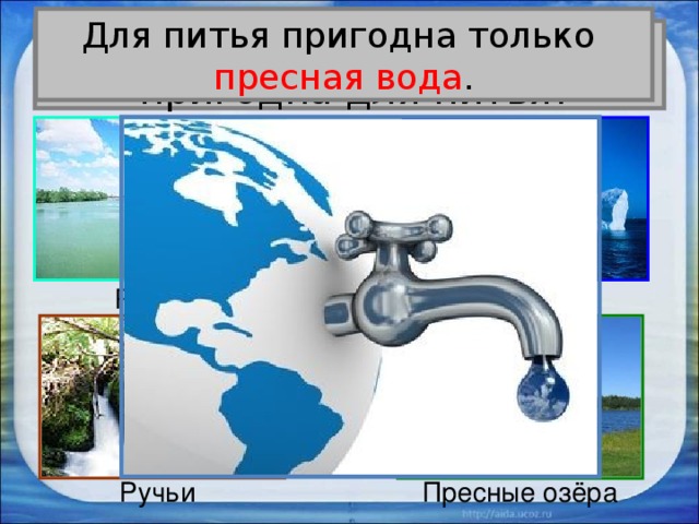 Для питья пригодна только пресная вода . Вся ли вода на Земле  пригодна для питья? Ледники Реки Ручьи Пресные озёра