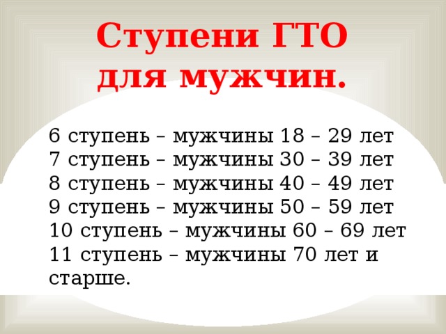 Ступени ГТО для мужчин. 6 ступень – мужчины 18 – 29 лет 7 ступень – мужчины 30 – 39 лет 8 ступень – мужчины 40 – 49 лет 9 ступень – мужчины 50 – 59 лет 10 ступень – мужчины 60 – 69 лет 11 ступень – мужчины 70 лет и старше.